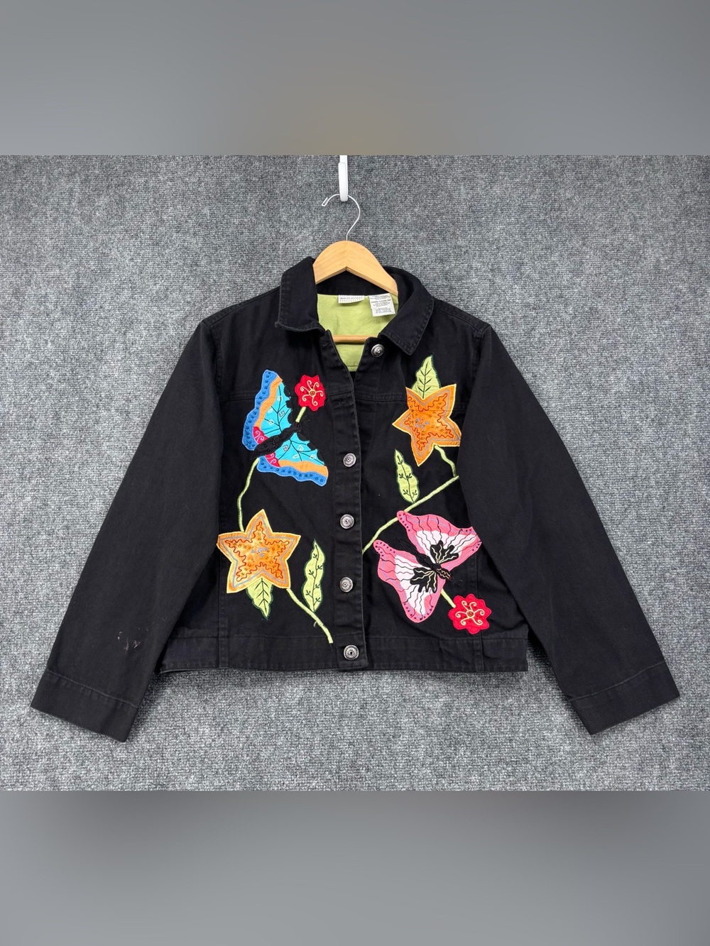 VTG White Stag Artsy Black Denim Jacket Embroidered Butterflies & Flowers Size S